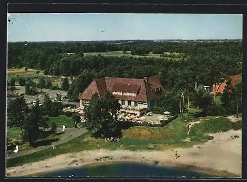 AK Stuckenborstel, Rasthaus Grundbergsee aus der Vogelschau