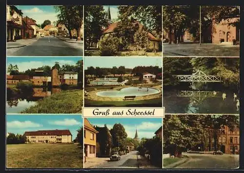 AK Scheessel, Die Kirche, Freibad, Flusspartie mit Schwänen, Strassenpartie mit VW Käfer