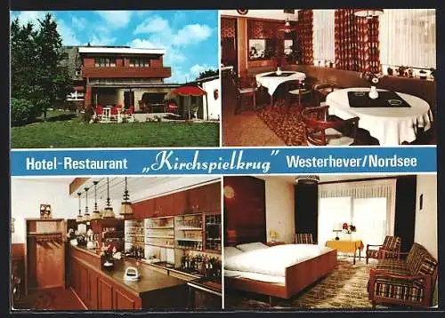 AK Westerhever /Nordsee, Hotel-Restaurant Kirchspielkrug v. Peter M. Mahrt, mit Innenansichten und Terrasse