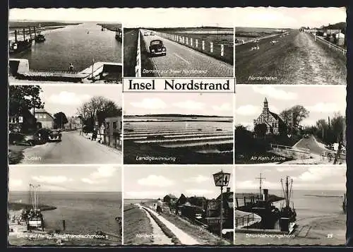 AK Insel Nordstrand, Süder- und Norderhafen, alte kath. Kirche, Strucklahnungshörn