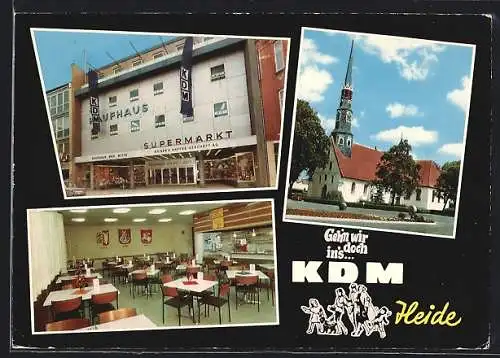 AK Heide /Holst., KDM Kaufhaus mit Kaiser`s Kaffee-Geschäft AG, Kirche