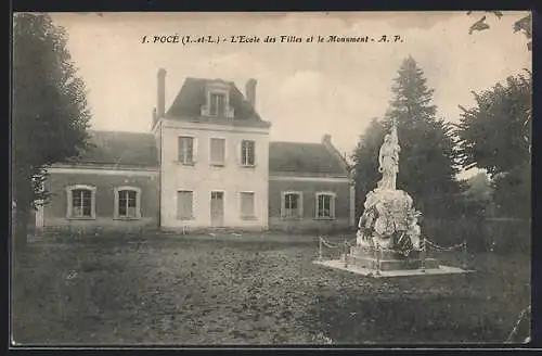 AK Pocé /I.-et-L., L`Ecole des Filles et le Monument