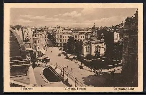 AK Bukarest, Gesamtansicht mit Pferdebahn in der Viktoriastrasse