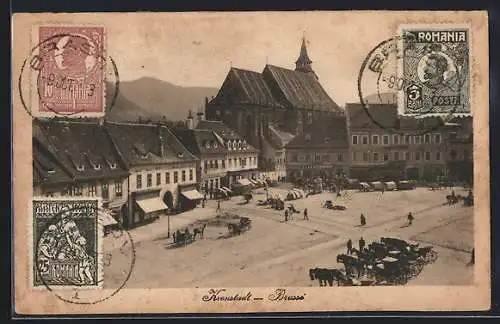 AK Kronstadt / Brasso, Marktplatz von der Kornzeile, Geschäft J. Hesshaimer