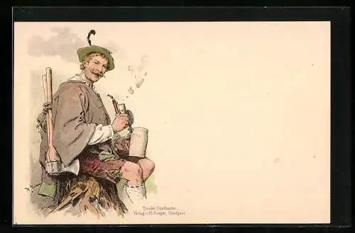 Lithographie Tiroler Mann in Tracht mit Pfeife und zwei Äxten