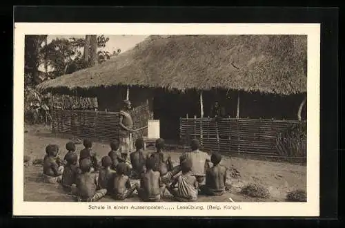 AK Belg. Kongo, Schule in einem Missions-Aussenposten, Leseübung