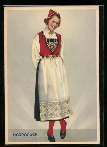 AK Norwegische Frau in Tracht des Hardanger