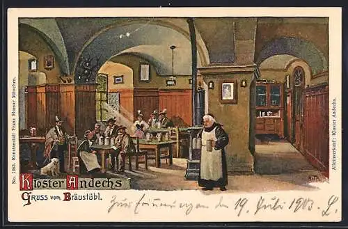 Lithographie Andechs, Gasthaus Bräustübl im Kloster Andechs, Innenansicht