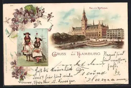 Lithographie Hamburg, Neues Rathaus, zwei Frauen in Trachten