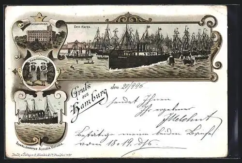 Lithographie Hamburg, Hafen, Seemannshaus, Schnelldampfer Augusta Victoria