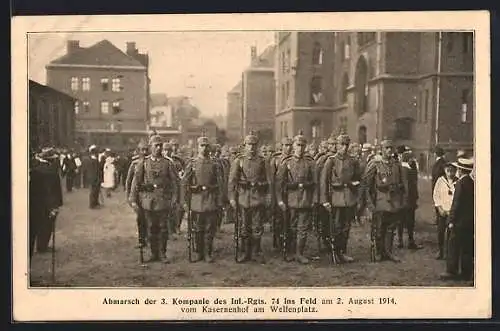 AK Hannover, Abmarsch der 3. Kompagnie des Infanterie-Regiments Nr. 74 am 2. August 1914 vom Kasernenhof am Welfenplatz