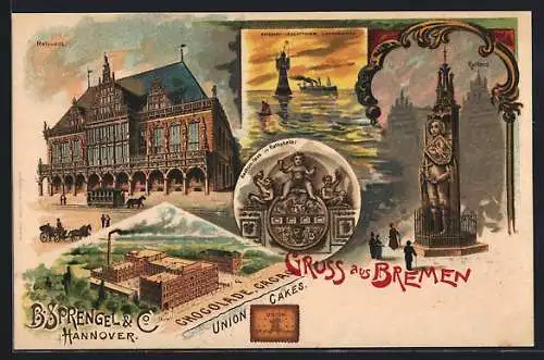 Lithographie Bremen, Bachus-Fass im Gasthaus Ratskeller, Rathaus, Roland, Hannover, B. Sprengel & Co. Chocolade