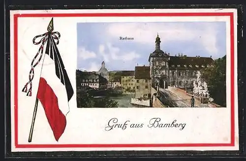 AK Bamberg, Rathaus im Passepartout mit Reichsfahne
