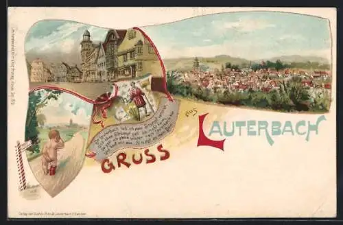 Lithographie Lauterbach / Schramberg, Totalansicht, Strassenpartie, Kleinkind mit nur einem Strumpf bekleidet, Wappen