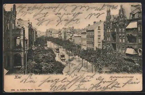 AK Kiel, Blick in die Holtenauerstrasse mit Strassenbahnen
