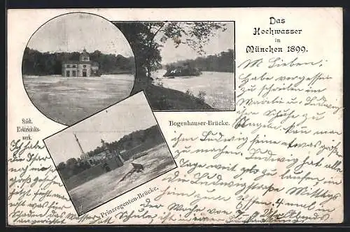 AK München-Bogenhausen, Hochwasser von 1899, Bogenhauser-Brücke, Prinzregenten-Brücke