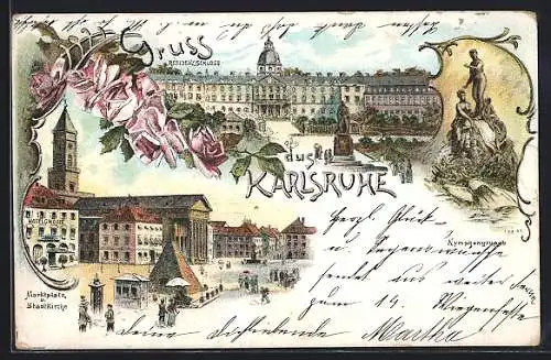 Lithographie Karlsruhe, Residenzschloss, Nymphengruppe, Marktplatz und Stadtkirche