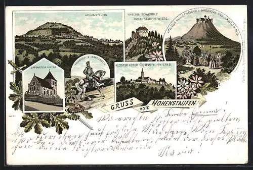 Lithographie Hohenstaufen, Totalansicht mit Kloster Lorch, Barbarossa-Kirche, Wäscher Schlössle
