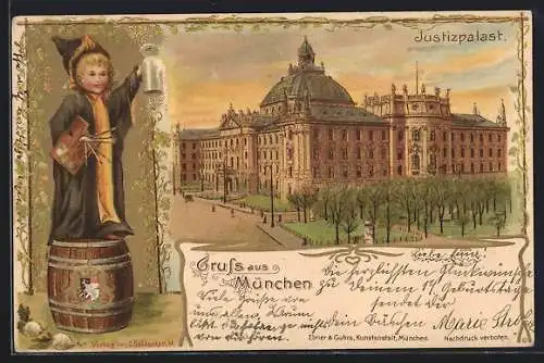 Lithographie München, Justizpalast mit Münchner Kindl
