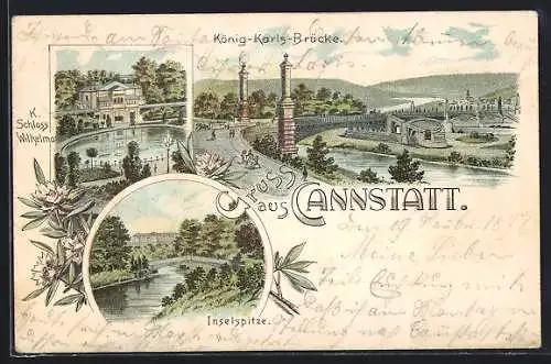 Lithographie Cannstatt, König-Karls-Brücke, Inselspitze, Königliches Schloss Wilhelm