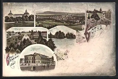 Lithographie Gotha, Schloss Friedenstein, Orangerie, Rathaus
