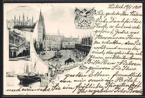 AK Lübeck, Marktplatz, Heil. Geist. Hospital, Hafen, Rathaustreppe, Wappen