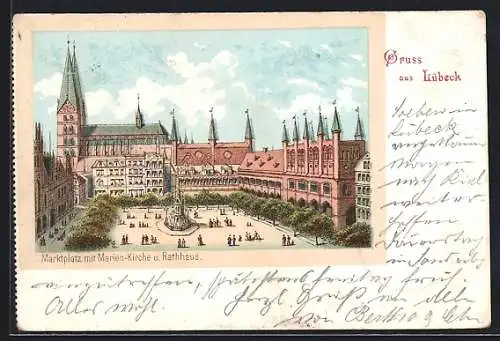 Lithographie Lübeck, Marktplatz mit Marien-Kirche und Rathaus