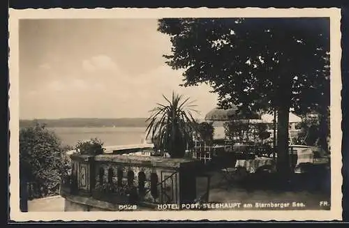 AK Seeshaupt, Terrasse des Hotel Post mit Blick auf den Starnberger See