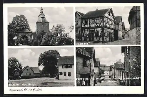 AK Nonnenroth, Kirche, Rathaus, Hofgut, Dorfpartie m. Gemischtwarengeschäft Kurt Zimmer