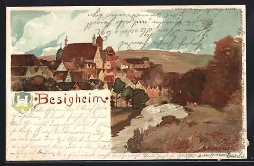 Künstler-AK Besigheim, Blick nach dem Ort mit Wappen, vom Künstler G. Kampmann