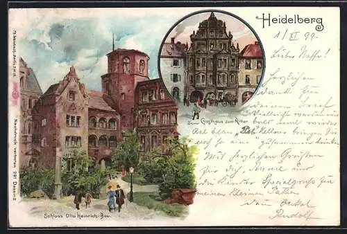 Lithographie Heidelberg, Gasthaus zum Ritter, Schloss Otto Heinrich-Bau