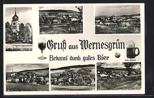 AK Wernesgrün i. V., Fernansichten, Bier, Kirche