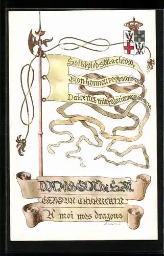 Lithographie Italienisches Kavallerie-Regiment, Fahne und Wappen