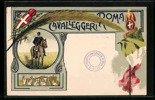 Lithographie Cavalleggeria Roma, italienisches Kavallerie-Regiment, Wappen und Fahne