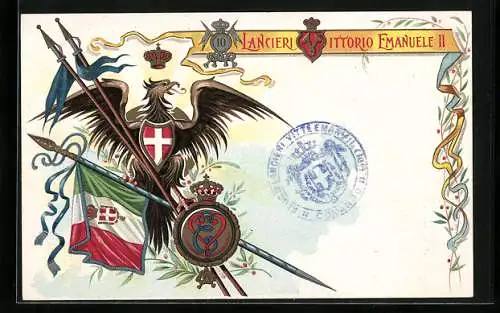 Lithographie 10° Lancieri Vittorio Emanuele II., italienisches Kavallerie-Regiment, Fahne, Wappen