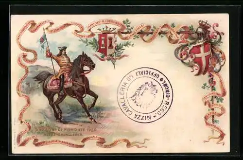 Lithographie Reggimento Nizza Cavalleria, Dragoni di Piemonte 1690, italienisches Kavallerie-Regiment