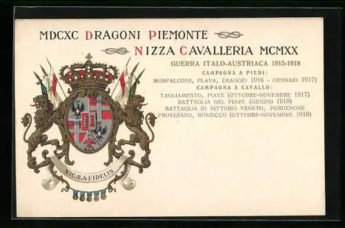 AK MDCXC Dragoni Piemonte, Nizza Cavalleria MCMXX, italienisches Kavallerie-Regiment