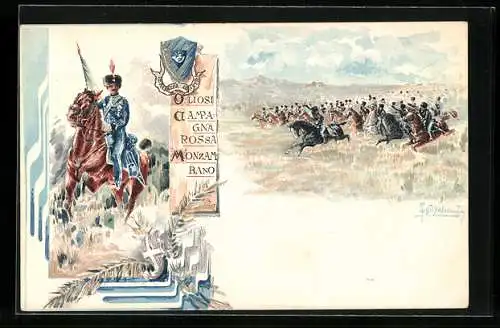 Lithographie Italienisches Kavallerie-Regiment in einer Schlacht, Oliosi, Campagna Rossa, Mozambano