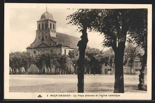 AK Neuf-Brisach, La Place d`Armes et l`église catholique