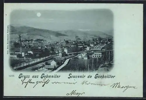 Mondschein-AK Gebweiler, Teilansicht mit Bergpanorama