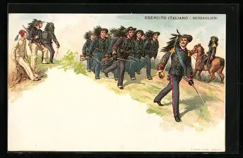 Lithographie Italien, Bersaglieri, Soldaten in Uniformen