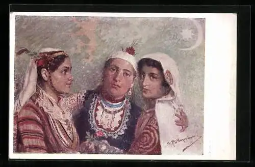 Künstler-AK Die drei Schwestern, Frauen in bulgarischer Tracht
