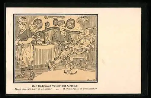 Künstler-AK sign. Karl Arnold: Der feldgraue Vetter auf Urlaub, Soldat am Esstisch