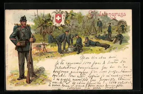 Lithographie Schweizer Soldaten beim Kochen auf dem Feld