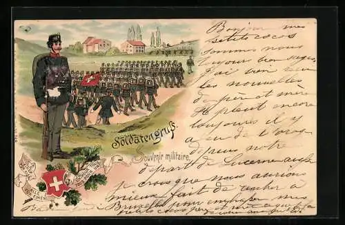 Lithographie Soldatengruss, Soldaten in Uniform mit schweizer Wappen