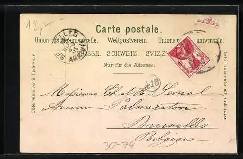 Lithographie Soldatengruss, Soldaten in Uniform mit schweizer Wappen