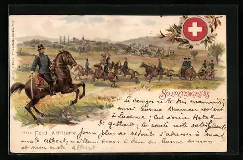 Lithographie Soldatengruss, Berittene Soldaten mit Artillerie