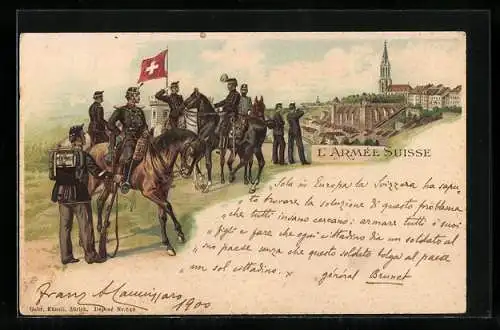 Lithographie L`Àrmée Suisse, schweizer Soldaten auf Pferden