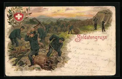 Lithographie Soldatengruss, Schweizer Soldaten graben einen Schützengraben