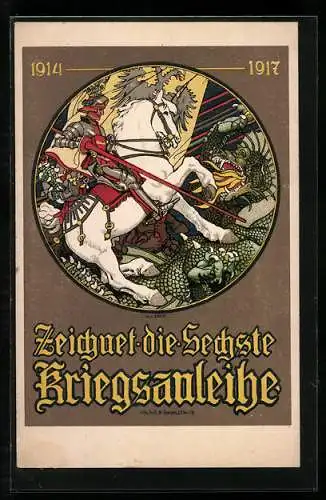 Künstler-AK sign. Berger: Zeichnet die 6. Kriegsanleihe, 1914-1917, Ritter mit Lanze zu Pferd